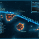 Digital noir geospatial map of the Canary Islands showing the subterranean link between the Roque de los Muchachos observatory and Santa Cruz military command, with neon-blue data conduits.