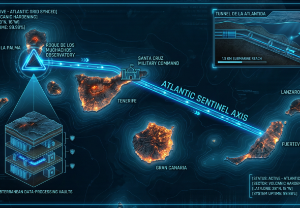 Digital noir geospatial map of the Canary Islands showing the subterranean link between the Roque de los Muchachos observatory and Santa Cruz military command, with neon-blue data conduits.