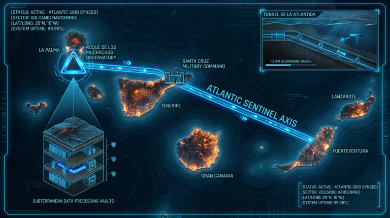 Digital noir geospatial map of the Canary Islands showing the subterranean link between the Roque de los Muchachos observatory and Santa Cruz military command, with neon-blue data conduits.