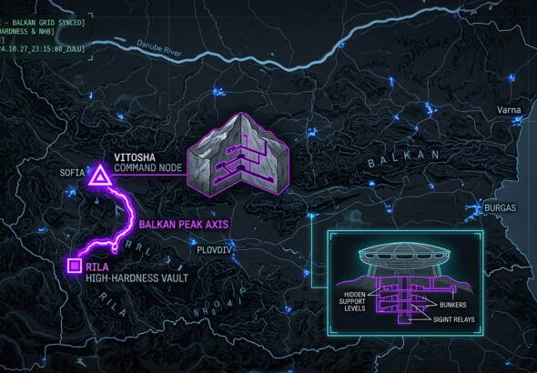 Digital noir geospatial map of Burkina Faso showing glowing neon-cyan conduits connecting the Ouagadougou Digital Sovereignty Hub to northern gold mining zones. Inset reveals a cross-section of a tactical laterite mining tunnel with armored logistics tracks.