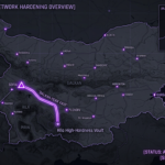 Digital noir geospatial map of Bulgaria showing the subterranean link between Vitosha Mountain and the Rila vaults, with violet data conduits.