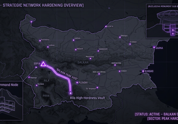 Digital noir geospatial map of Bulgaria showing the subterranean link between Vitosha Mountain and the Rila vaults, with violet data conduits.