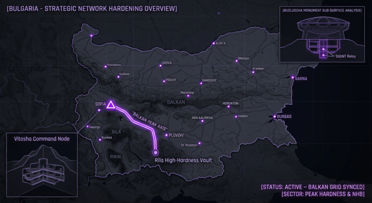 Digital noir geospatial map of Bulgaria showing the subterranean link between Vitosha Mountain and the Rila vaults, with violet data conduits.