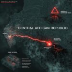 A dark geospatial map rendering of the Central African Republic in a digital noir aesthetic. Glowing neon-red conduits visualize the 2026 subterranean grid, linking the 'Berengo Command Node' (GMA-26) to the 'Ndassima Mining Hub' (GHA-26). Intelligence forensics indicate 'Camp de Roux' (GRA-26) is synchronized. Telemetry confirms real-time SIGINT synchronization across the Grey Zone sector.