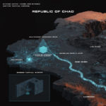Digital noir geospatial map of Chad showing the subterranean link between the Adji Kosseï command node and the Doba pipeline, with neon-cyan data conduits.