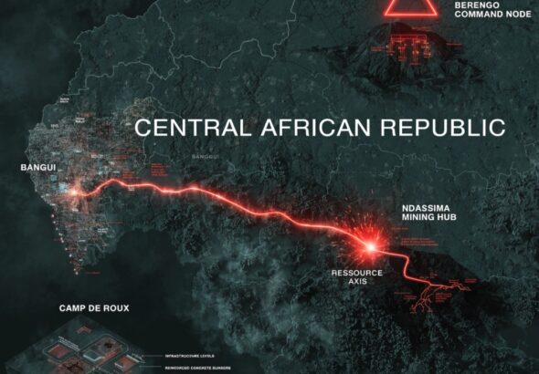 A dark geospatial map rendering of the Central African Republic in a digital noir aesthetic. Glowing neon-red conduits visualize the 2026 subterranean grid, linking the 'Berengo Command Node' (GMA-26) to the 'Ndassima Mining Hub' (GHA-26). Intelligence forensics indicate 'Camp de Roux' (GRA-26) is synchronized. Telemetry confirms real-time SIGINT synchronization across the Grey Zone sector.