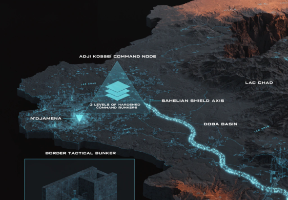 Digital noir geospatial map of Chad showing the subterranean link between the Adji Kosseï command node and the Doba pipeline, with neon-cyan data conduits.