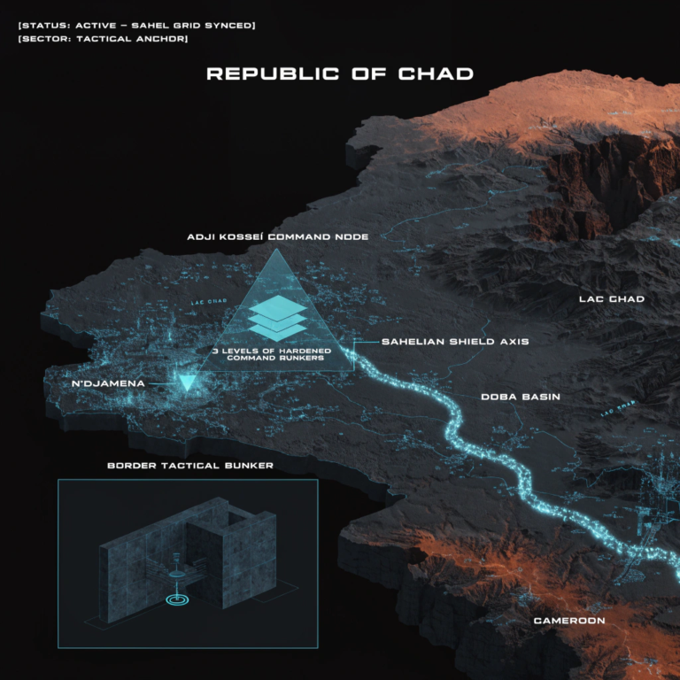 Digital noir geospatial map of Chad showing the subterranean link between the Adji Kosseï command node and the Doba pipeline, with neon-cyan data conduits.