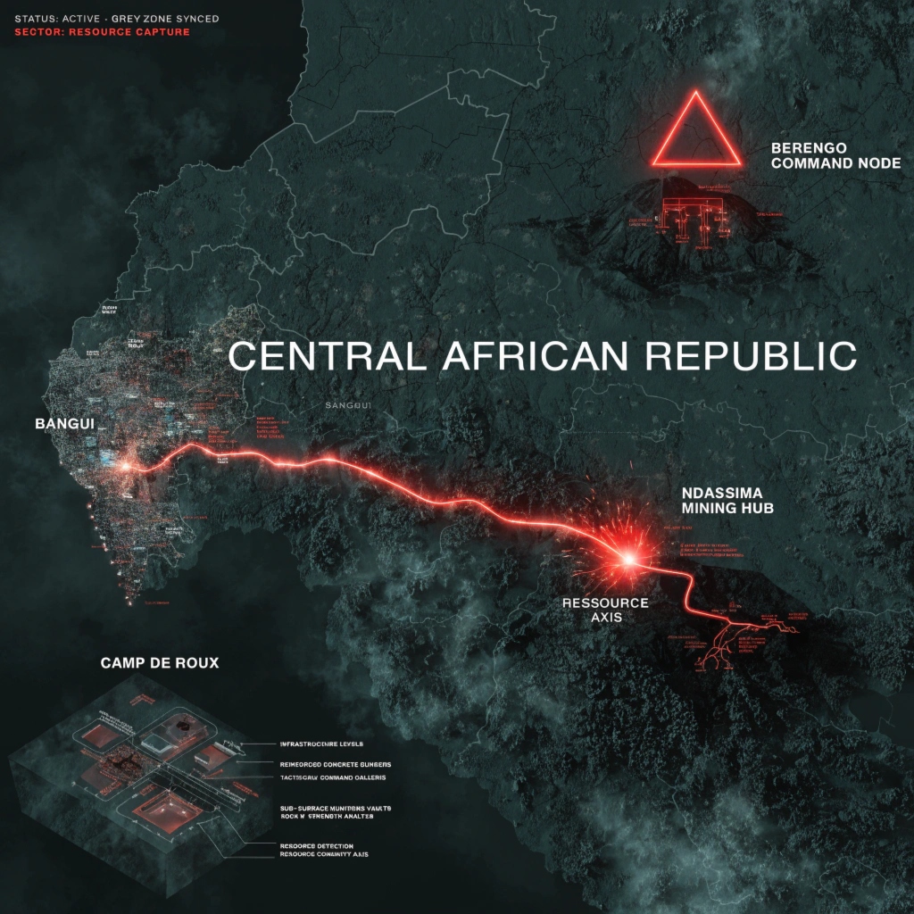 A dark geospatial map rendering of the Central African Republic in a digital noir aesthetic. Glowing neon-red conduits visualize the 2026 subterranean grid, linking the 'Berengo Command Node' (GMA-26) to the 'Ndassima Mining Hub' (GHA-26). Intelligence forensics indicate 'Camp de Roux' (GRA-26) is synchronized. Telemetry confirms real-time SIGINT synchronization across the Grey Zone sector.