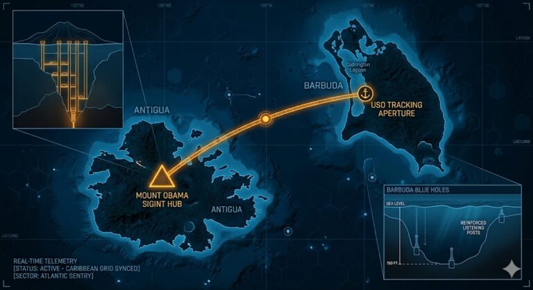 A dark, high-resolution geospatial map rendering of Antigua and Barbuda in a digital noir aesthetic. Growing neon-amber conduits visualize the 2026 subterranean Continuity of Operations grid, linking the 'Mount Obama SIGINT Hub' (GMA-26) to the 'Barbuda Blue Holes USO Aperture' (GHA-26). Intelligence forensics indicate the historic English Harbour vaults in Shirley Heights (GRA-26) are synchronized. Telemetry confirms real-time SIGINT synchronization across the Caribbean sector.