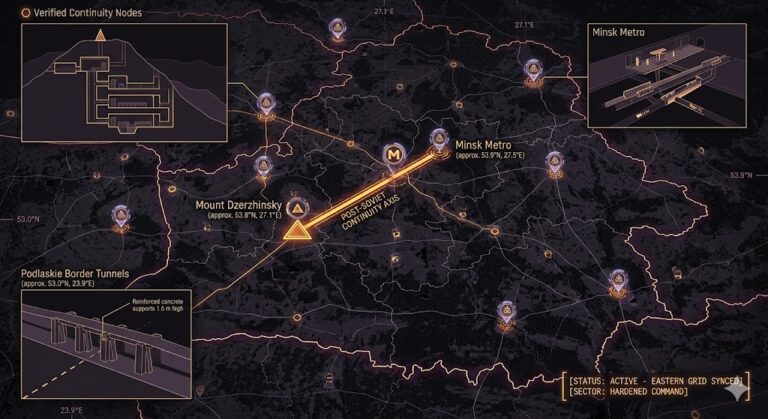 A dark geospatial map rendering of Belarus in a digital noir aesthetic. Glowing neon-amber conduits visualize the 2026 subterranean Continuity of Operations grid, linking the 'Mount Dzerzhinsky SIGINT Hub' (GMA-26) to the 'Minsk Metro nuclear shelters' (GHA-26). Intelligence forensics indicate the 'Podlaskie Border Tunnels' (GRA-26) are active. Telemetry confirms real-time SIGINT synchronization across the high-hardness sector.