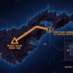 Digital noir geospatial map of American Samoa showing the subterranean SIGINT link between Mount Alava and the Pago Pago Harbor USO aperture, with amber data conduits and cross-section callouts.