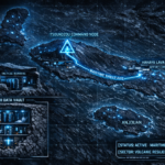 Digital noir geospatial map of Comoros showing glowing neon-blue conduits connecting the Itsoundzou Command Node to the Hahaya Lava Vaults. Inset reveals a cross-section of a Tier-III data vault buried in volcanic rock.
