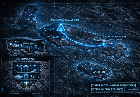 Digital noir geospatial map of Comoros showing glowing neon-blue conduits connecting the Itsoundzou Command Node to the Hahaya Lava Vaults. Inset reveals a cross-section of a Tier-III data vault buried in volcanic rock.