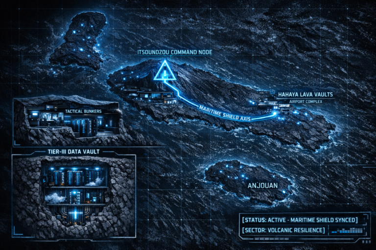 Digital noir geospatial map of Comoros showing glowing neon-blue conduits connecting the Itsoundzou Command Node to the Hahaya Lava Vaults. Inset reveals a cross-section of a Tier-III data vault buried in volcanic rock.