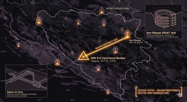 A dark geospatial map rendering of Bosnia and Herzegovina in a digital noir aesthetic. Glowing neon-amber conduits visualize the 2026 subterranean Continuity of Operations grid, linking the 'ARK D-0 Command Bunker' (GMA-26) to the 'Han Pijesak SIGINT Hub' (GHA-26). Intelligence forensics indicate the 'Željava Air Base' (GRA-26) is synchronized. Telemetry confirms real-time SIGINT synchronization across the high-hardness sector.