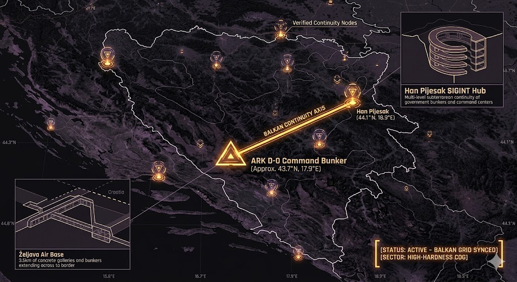 A dark geospatial map rendering of Bosnia and Herzegovina in a digital noir aesthetic. Glowing neon-amber conduits visualize the 2026 subterranean Continuity of Operations grid, linking the 'ARK D-0 Command Bunker' (GMA-26) to the 'Han Pijesak SIGINT Hub' (GHA-26). Intelligence forensics indicate the 'Željava Air Base' (GRA-26) is synchronized. Telemetry confirms real-time SIGINT synchronization across the high-hardness sector.