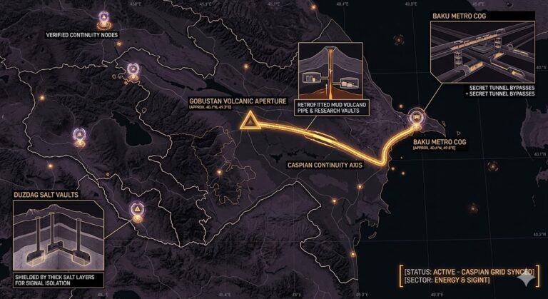 A dark, high-resolution geospatial map rendering of Azerbaijan in a digital noir aesthetic. Growing neon-amber conduits visualize the 2026 subterranean Continuity of Operations grid, linking the 'Gobustan Volcanic Aperture' (GMA-26) to the 'Baku Metro COG Shelter' (GHA-26). Intelligence forensics indicate the Faraday-shielded salt vaults in Duzdag (GRA-26) are synchronized. Telemetry confirms real-time SIGINT synchronization across the coastal and inland sector.