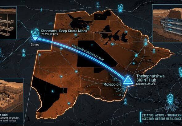 A dark geospatial map rendering of Botswana in a digital noir aesthetic. Glowing neon-blue conduits visualize the 2026 subterranean Continuity of Operations grid, linking the 'Thebephatshwa SIGINT Hub' (GMA-26) to the 'Khoemacau deep-strata mining vaults' (GHA-26). Intelligence forensics indicate the 'Gcwihaba Cave Grid' (GRA-26) is active. Telemetry confirms real-time SIGINT synchronization across the high-desert sector.