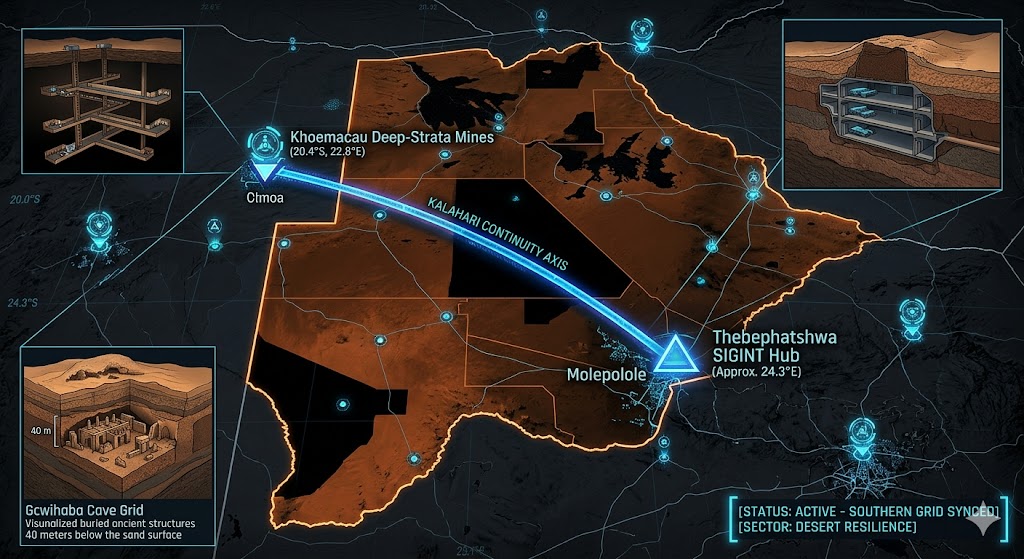 A dark geospatial map rendering of Botswana in a digital noir aesthetic. Glowing neon-blue conduits visualize the 2026 subterranean Continuity of Operations grid, linking the 'Thebephatshwa SIGINT Hub' (GMA-26) to the 'Khoemacau deep-strata mining vaults' (GHA-26). Intelligence forensics indicate the 'Gcwihaba Cave Grid' (GRA-26) is active. Telemetry confirms real-time SIGINT synchronization across the high-desert sector.