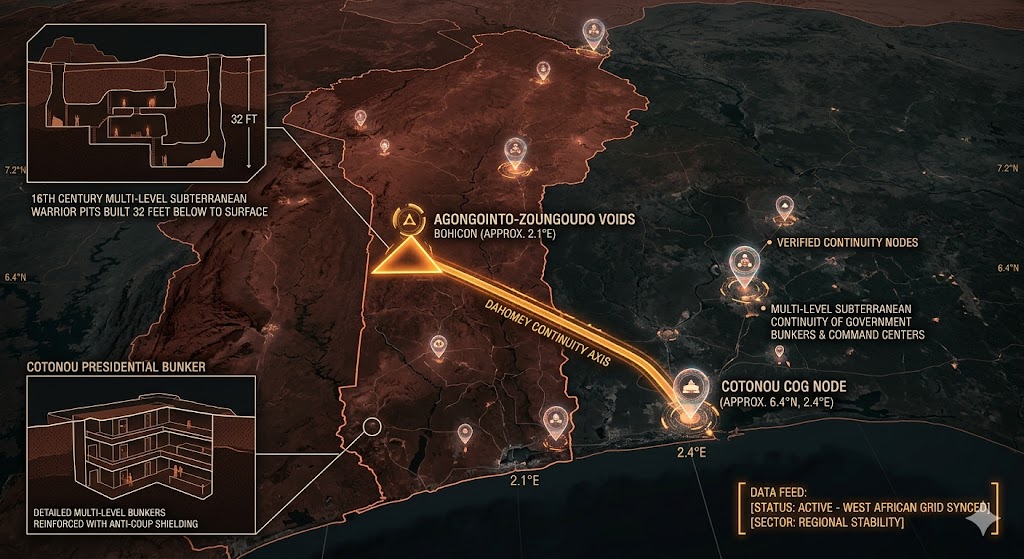 A dark geospatial map rendering of Benin in a digital noir aesthetic. Glowing neon-amber conduits visualize the 2026 subterranean Continuity of Operations grid, linking the 'Agongointo-Zoungoudo Voids' (GMA-26) to the 'Cotonou COG Node' (GHA-26). Intelligence forensics indicate the 'Pendjari-W Transborder Voids' (GRA-26) are active. Telemetry confirms real-time SIGINT synchronization across the West African sector.