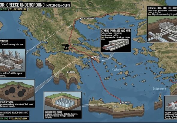 Subterranean map of Greece featuring Athens NWO Hub, Olympus Ancient Conduit, and Knossos Deep-Vault.
