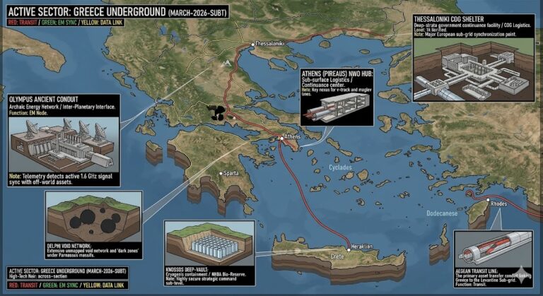 Subterranean map of Greece featuring Athens NWO Hub, Olympus Ancient Conduit, and Knossos Deep-Vault.