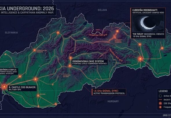 Map of Slovakia Underground Bases 2026, focusing on the Moonshaft, 1.6 GHz Carpathian grid, and Bratislava COG bunkers