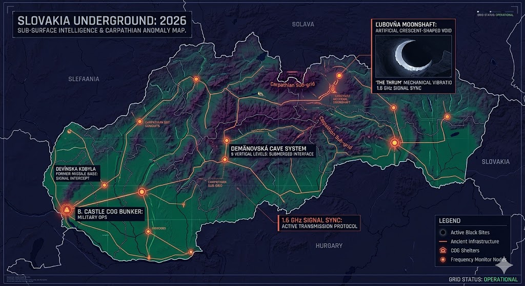 Map of Slovakia Underground Bases 2026, focusing on the Moonshaft, 1.6 GHz Carpathian grid, and Bratislava COG bunkers