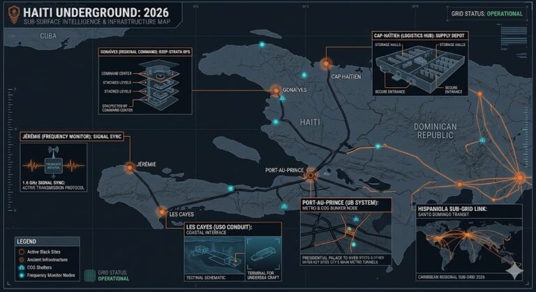 Map of Haiti Underground 2026, featuring Gonaïves deep-strata ops, Cap-Haïtien logistics hub, and Port-au-Prince UB system.