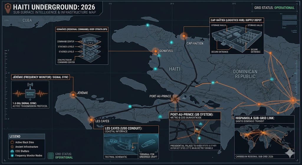 Map of Haiti Underground 2026, featuring Gonaïves deep-strata ops, Cap-Haïtien logistics hub, and Port-au-Prince UB system.
