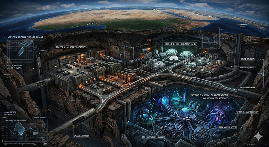 A comprehensive cross-section blueprint map of the African Underground, revealing deep-strata transit tubes, vitrified tunnels, and unmapped bases across all 53 territorial sub-grids.