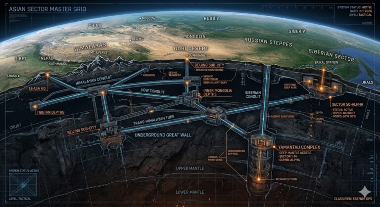 A tactical blueprint-style map showing the cross-section of the Asian Underground, detailing subterranean conduits beneath the Himalayas, Gobi, and Siberia across 50+ nations.