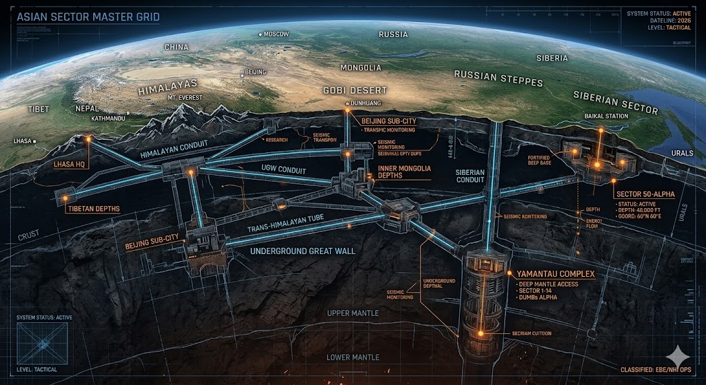 A tactical blueprint-style map showing the cross-section of the Asian Underground, detailing subterranean conduits beneath the Himalayas, Gobi, and Siberia across 50+ nations.