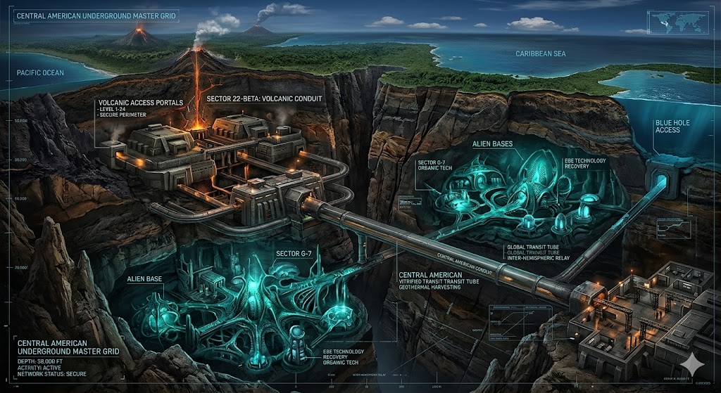 A comprehensive cross-section blueprint map of the Central American Underground, showing deep-strata transit tubes, vitrified tunnels, and volcanic Alien Bases across 22 territorial sub-grids.