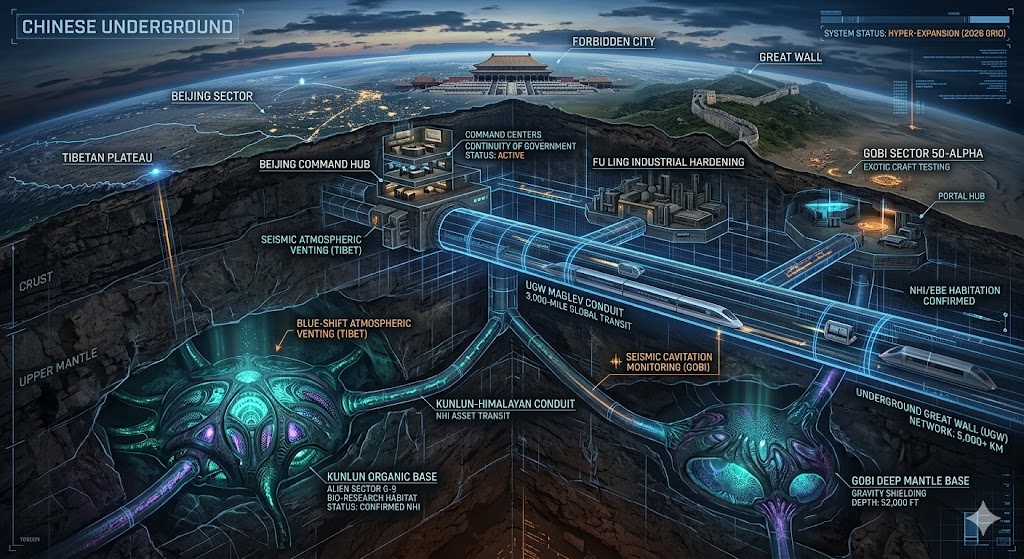 中国地下长城与西藏外星人基地地图 2026 (Tactical map of China Underground Great Wall and Tibet Alien Bases 2026).