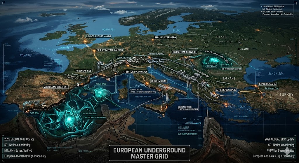 Tactical cross-section blueprint map of the European Underground (excluding Russia), detailing the Alpine Conduit, DUMBs, and glowing blue Alien Bases across the 50+ nation sub-grid.