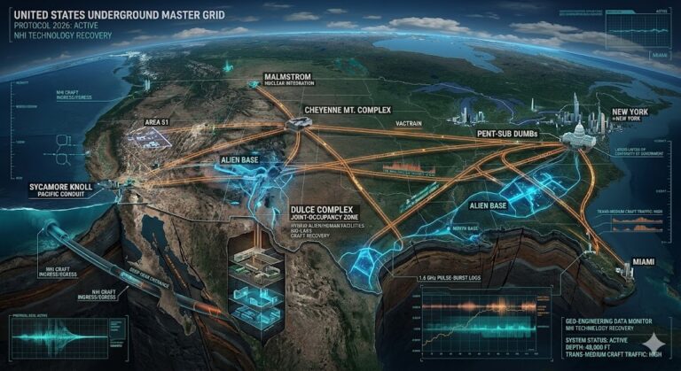 Tactical cross-section of the United States Underground, detailing the Vactrain transit network, Cheyenne Mountain Complex, and Joint-Occupancy Alien Bases at Dulce and Sycamore Knoll. Includes 1.6 GHz pulse-burst monitoring for 2026.