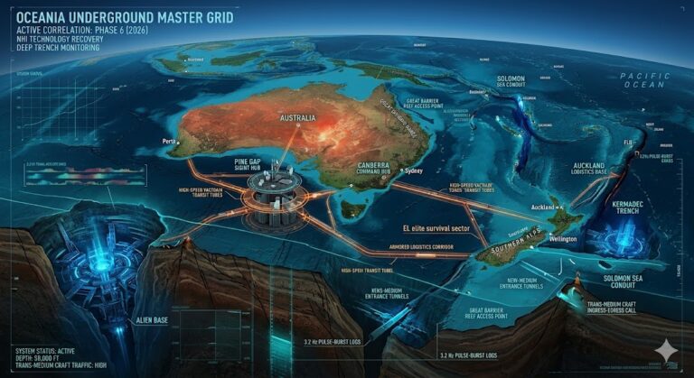 Tactical cross-section of the Oceania Underground, detailing the Pine Gap SIGINT Hub, New Zealand elite survival bunkers, and glowing blue Alien Bases in the Kermadec and Solomon Sea Trenches. Labeled 2026 Grid Update.