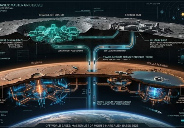 Tactical 2026 map of Off-World Bases on the Moon and Mars, showing Shackleton Crater NHI habitats, Martian mantle bases, and the Trans-medium Transit Conduit connecting Earth DUMBs to the Secret Space Program (SSP).