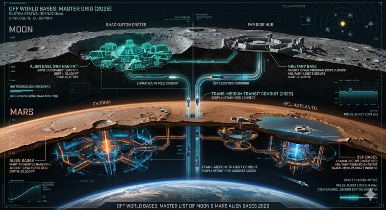Tactical 2026 map of Off-World Bases on the Moon and Mars, showing Shackleton Crater NHI habitats, Martian mantle bases, and the Trans-medium Transit Conduit connecting Earth DUMBs to the Secret Space Program (SSP).