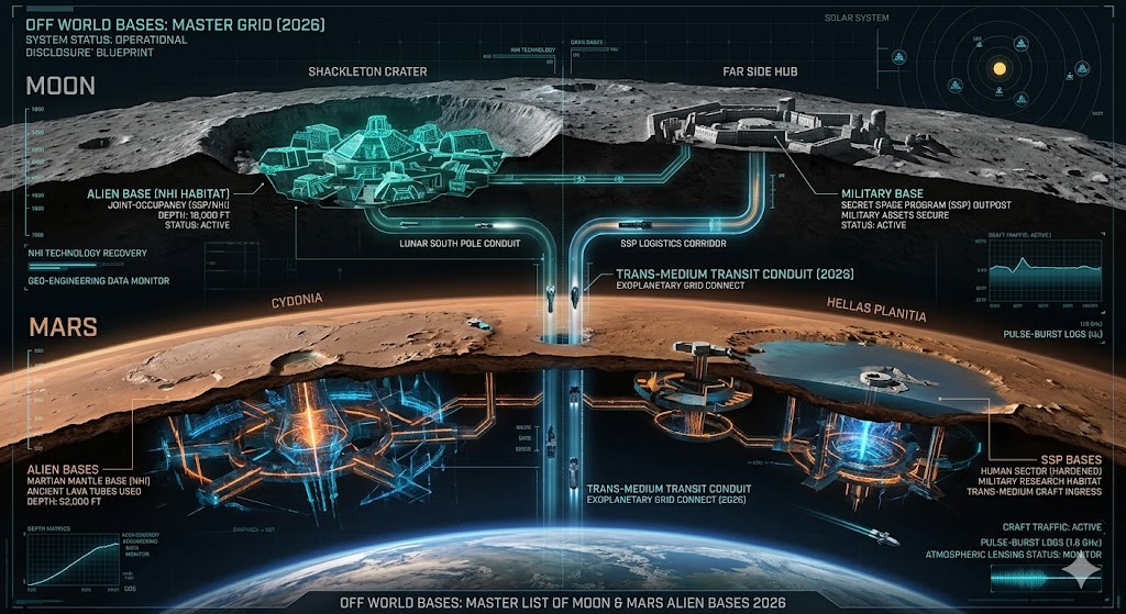 Tactical 2026 map of Off-World Bases on the Moon and Mars, showing Shackleton Crater NHI habitats, Martian mantle bases, and the Trans-medium Transit Conduit connecting Earth DUMBs to the Secret Space Program (SSP).