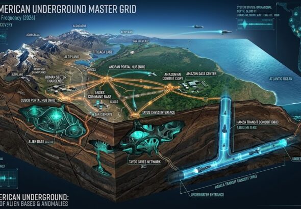 Tactical cross-section of the South American Underground, showing the 4,000-meter deep Hamza Transit Conduit, Andean Portal Hubs in Peru and Chile, and the Tayos Caves NHI interface. Labeled for the 2026 Global Grid