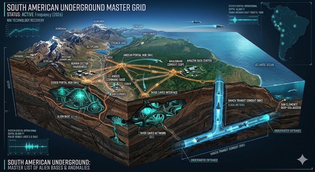 Tactical cross-section of the South American Underground, showing the 4,000-meter deep Hamza Transit Conduit, Andean Portal Hubs in Peru and Chile, and the Tayos Caves NHI interface. Labeled for the 2026 Global Grid