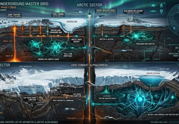 Tactical blueprint of the Polar Underground (2026), showing the Axis Conduit Alpha/Omega connecting the Arctic (Greenland/Svalbard) to the Antarctic (Lake Vostok/Wilkes Land) Alien Bases and SSP hubs.