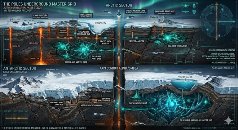 Tactical blueprint of the Polar Underground (2026), showing the Axis Conduit Alpha/Omega connecting the Arctic (Greenland/Svalbard) to the Antarctic (Lake Vostok/Wilkes Land) Alien Bases and SSP hubs.