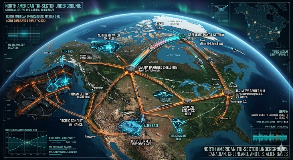 Tactical 2026 map of the North American Underground, illustrating the interconnected Vactrain corridors between the Canadian Hardened Shield, the Greenland Mantle Gateway, and the U.S. Nerve Center Hub. Includes Dulce Complex and Thule-NHI joint sites.