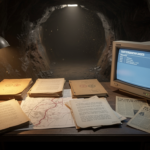 an archival research desk at the mouth of a hidden tunnel