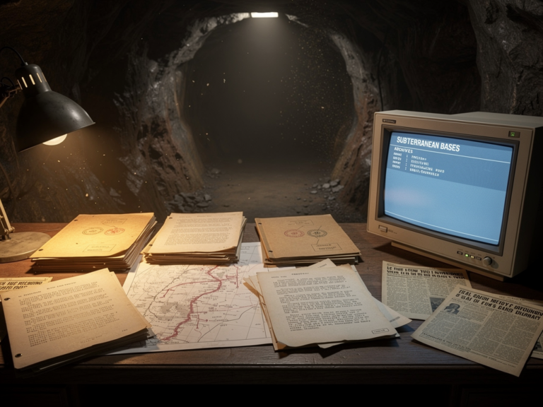 an archival research desk at the mouth of a hidden tunnel